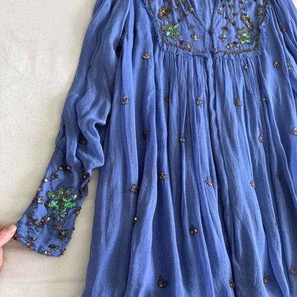 Free People Blue Bali Golden Sun Sequin Long Sleeve Dress - Picture 5 of 10